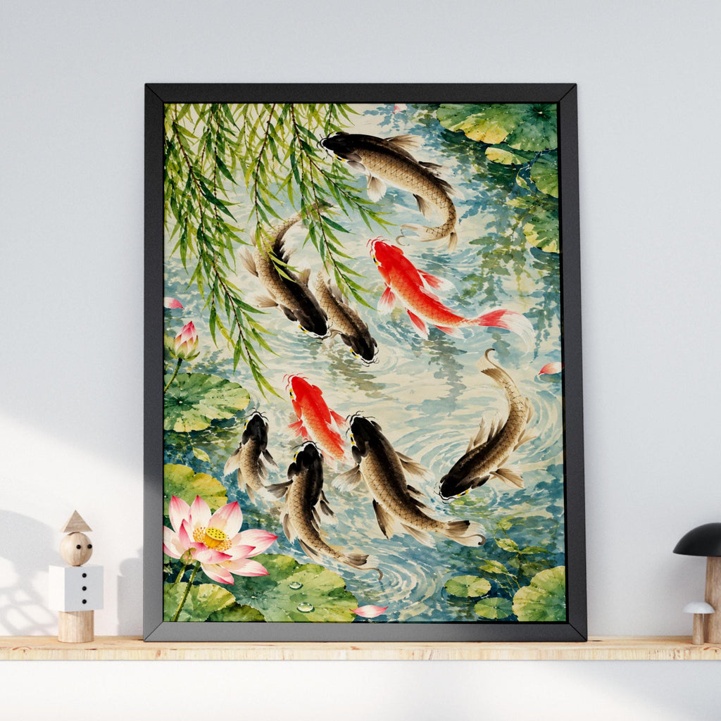 Koi Fish Pond Art Print, Chinese Watercolour Wall Art, Lotus and Weeping Willow Poster, Zen Decor
