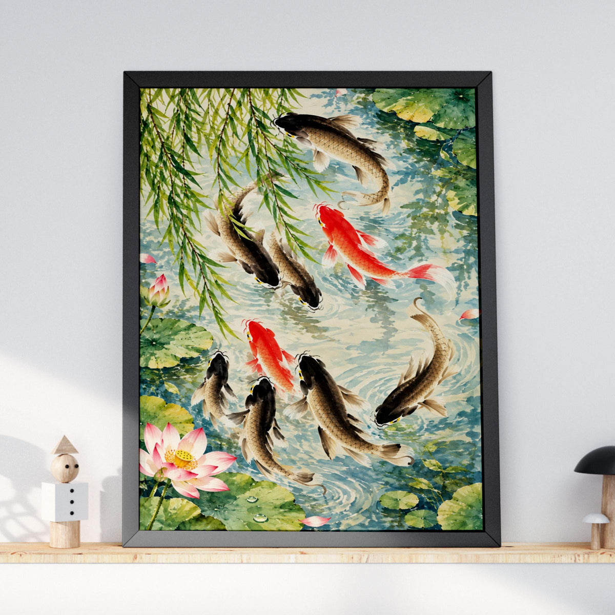 Koi Fish Pond Art Print, Chinese Watercolour Wall Art, Lotus and Weeping Willow Poster, Zen Decor