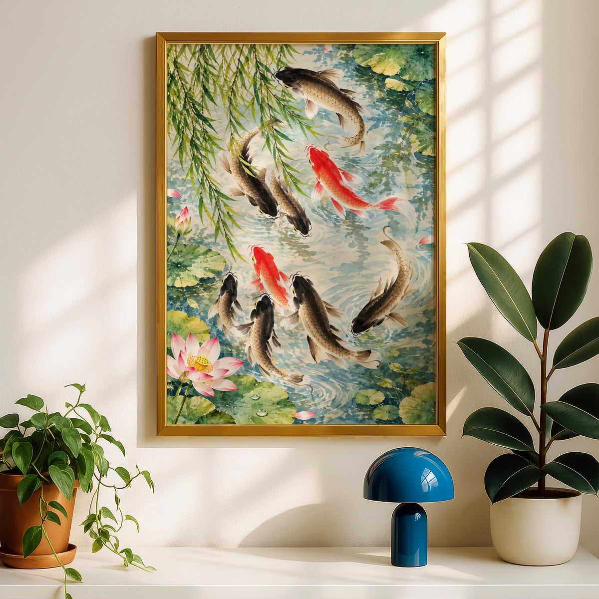 Koi Fish Pond Art Print, Chinese Watercolour Wall Art, Lotus and Weeping Willow Poster, Zen Decor
