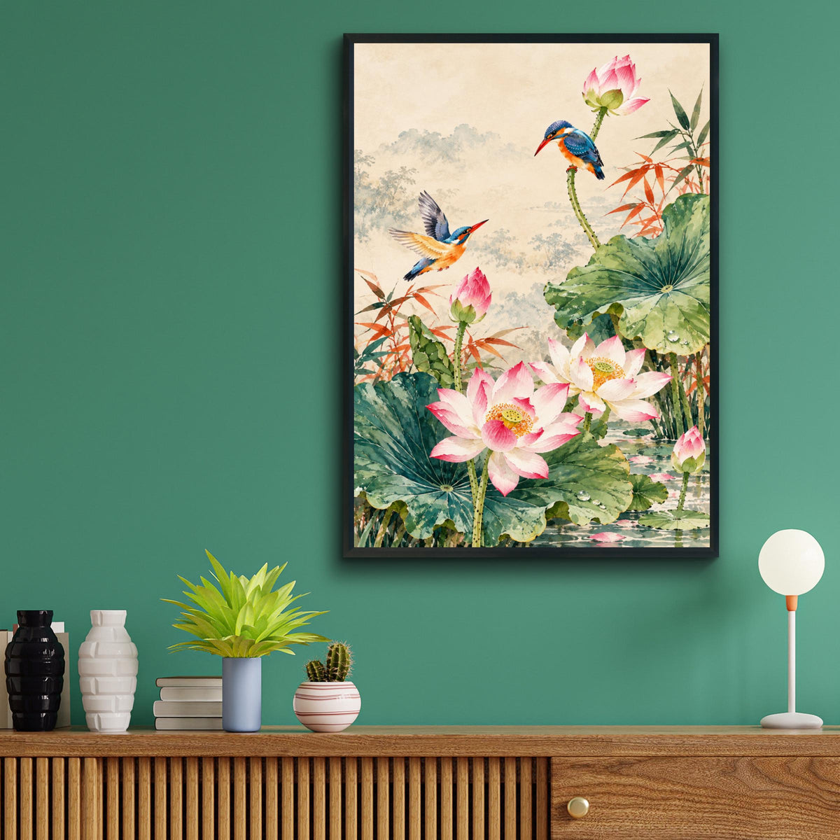 Kingfisher Lotus Pond Art Print, Pink Lotus Flower Poster, Chinese Watercolour Bird Wall Decor