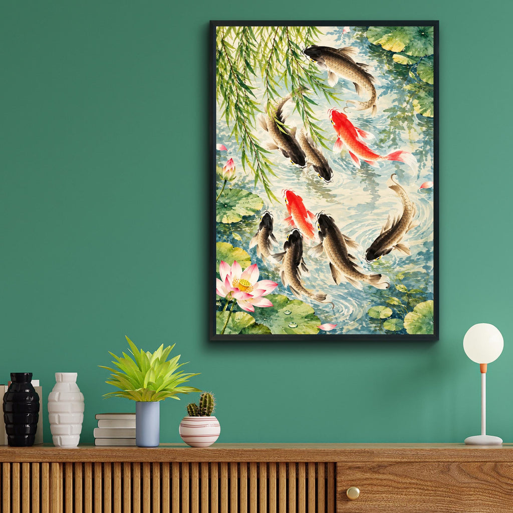 Koi Fish Pond Art Print, Chinese Watercolour Wall Art, Lotus and Weeping Willow Poster, Zen Decor