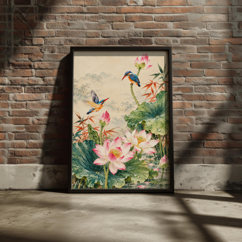 Kingfisher Lotus Pond Art Print, Pink Lotus Flower Poster, Chinese Watercolour Bird Wall Decor