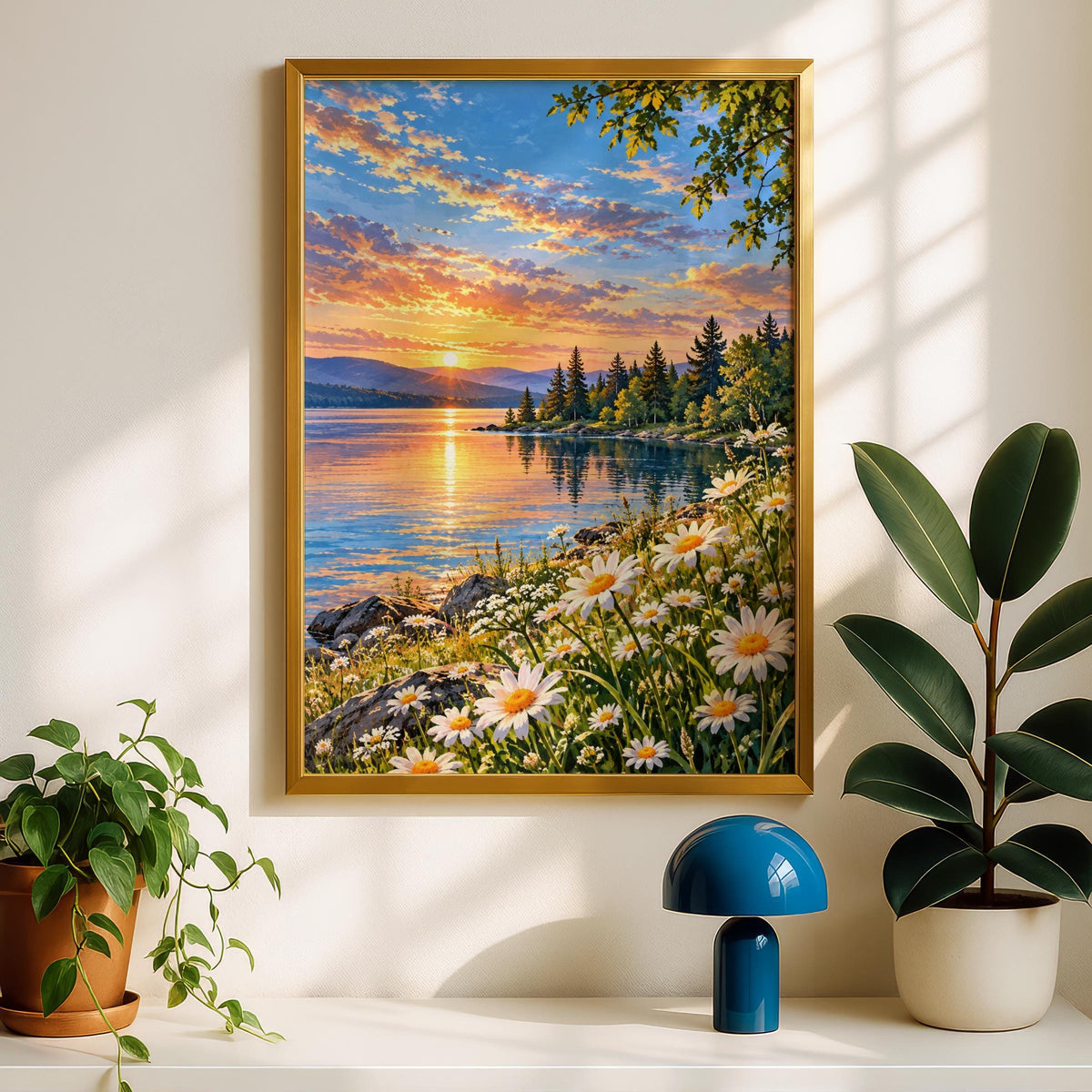 Lakeside Sunset Daisies Wall Art, Landscape Print, Scenic Nature Poster, Wildflower Painting