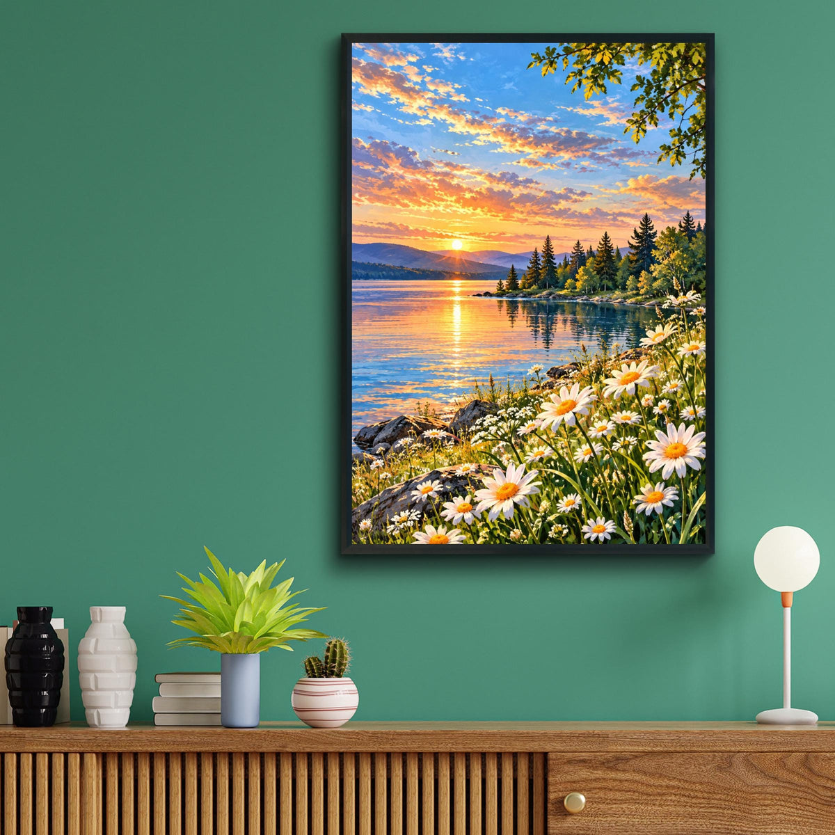 Lakeside Sunset Daisies Wall Art, Landscape Print, Scenic Nature Poster, Wildflower Painting