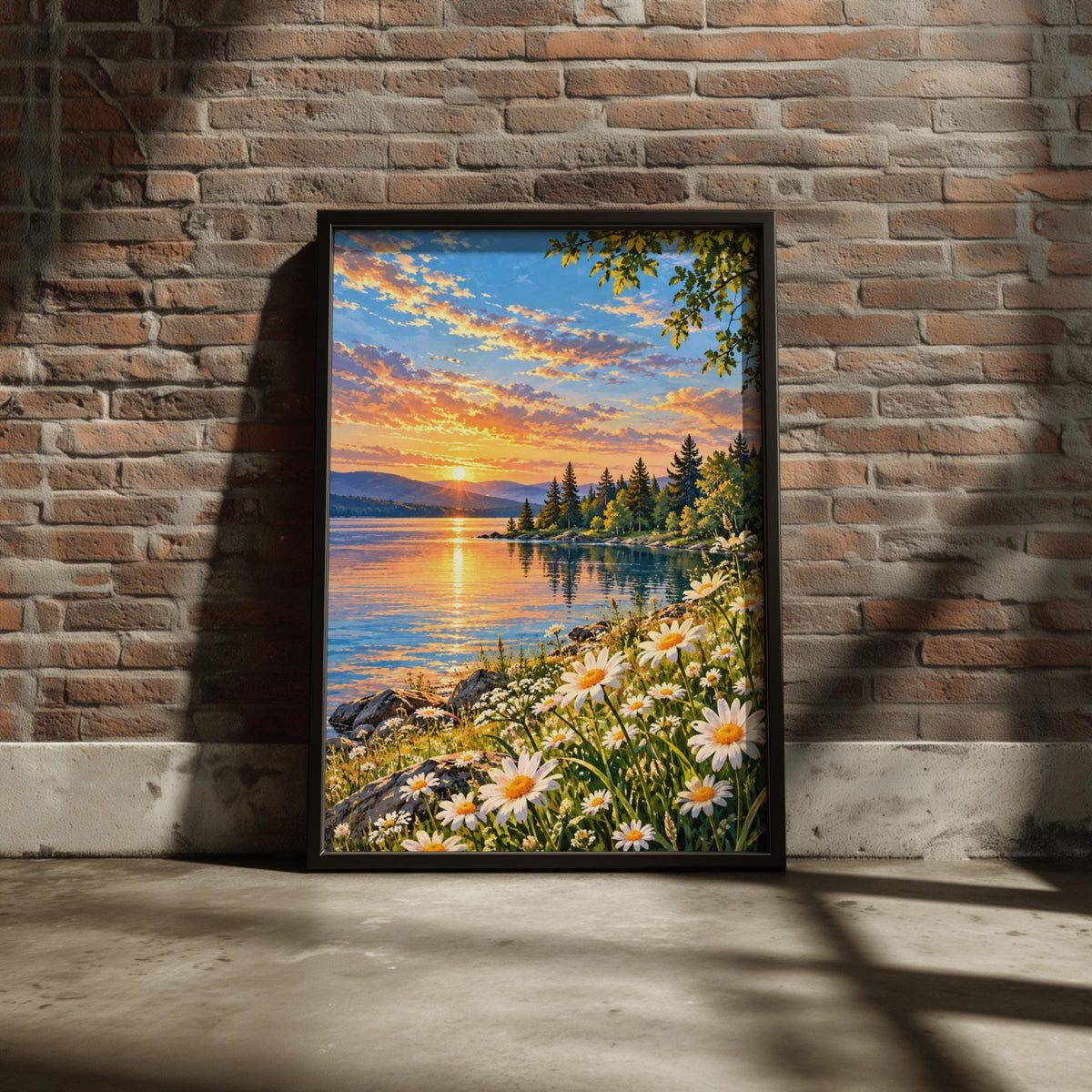 Lakeside Sunset Daisies Wall Art, Landscape Print, Scenic Nature Poster, Wildflower Painting