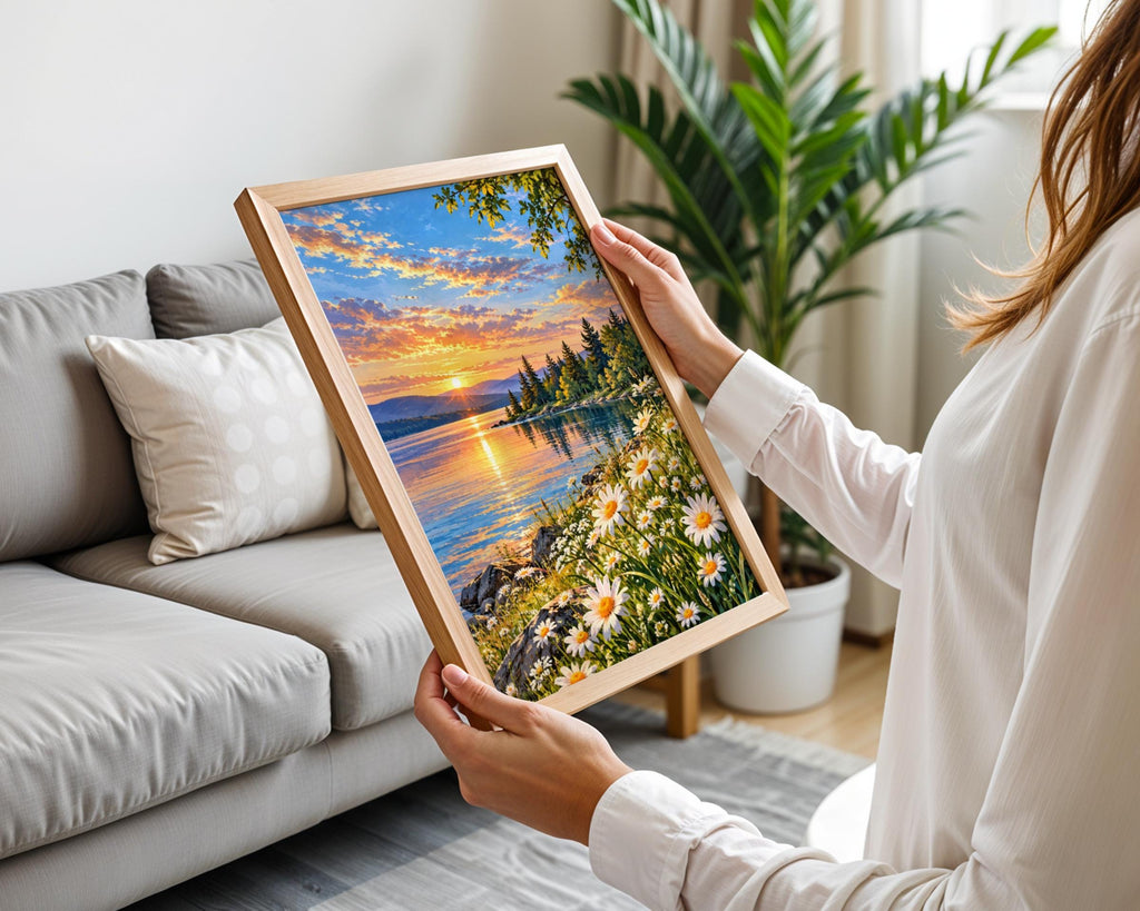 Lakeside Sunset Daisies Wall Art, Landscape Print, Scenic Nature Poster, Wildflower Painting