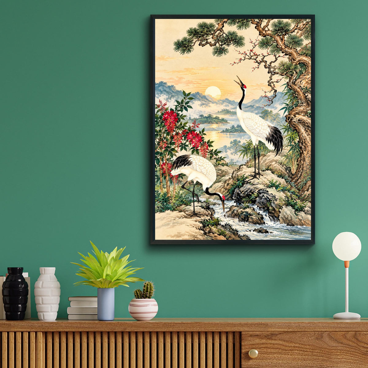 Red Crowned Crane Print, Japanese Wall Art, Vintage Pine Landscape Poster, Oriental Bird Painting