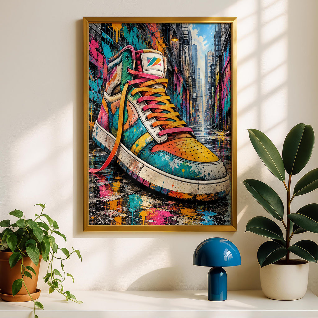 Colourful Sneaker Graffiti Wall Art, Street Art Print, High Top Trainer Poster, Urban Paint Splatter