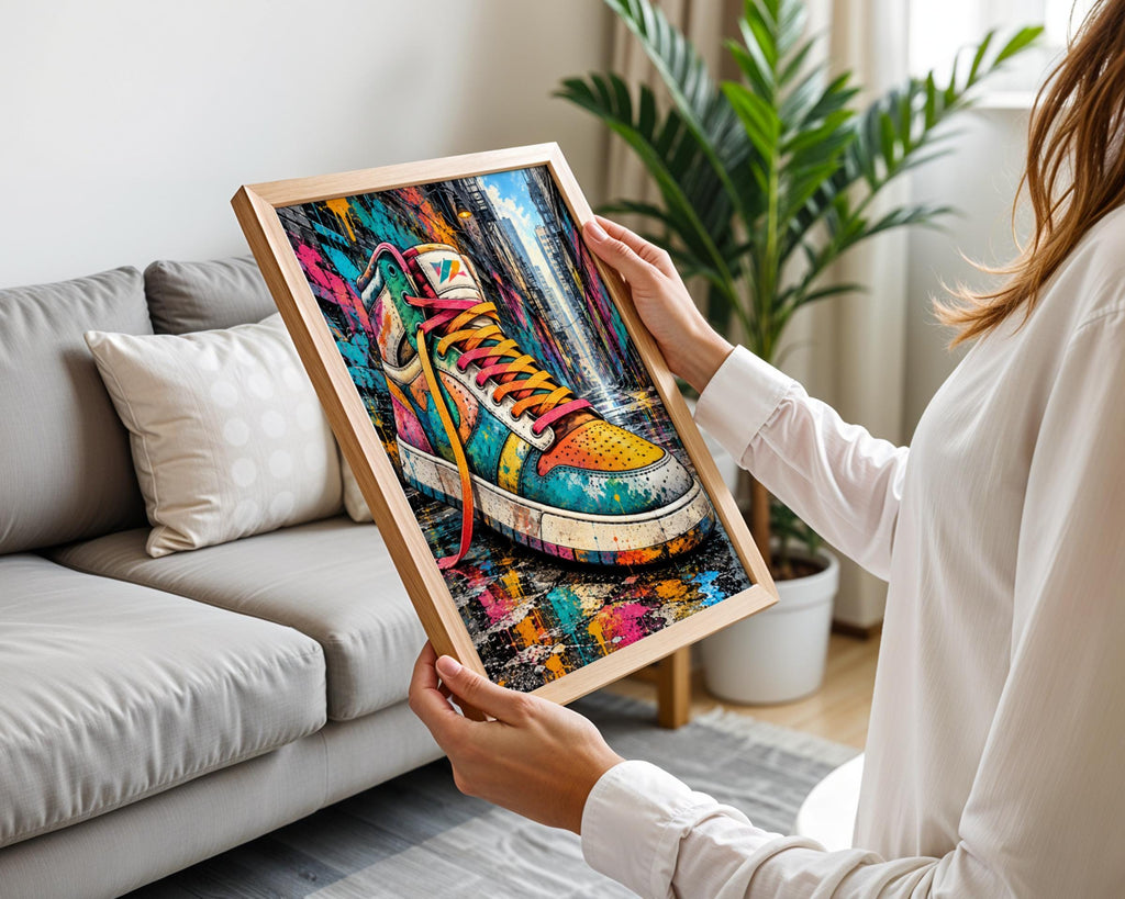 Colourful Sneaker Graffiti Wall Art, Street Art Print, High Top Trainer Poster, Urban Paint Splatter