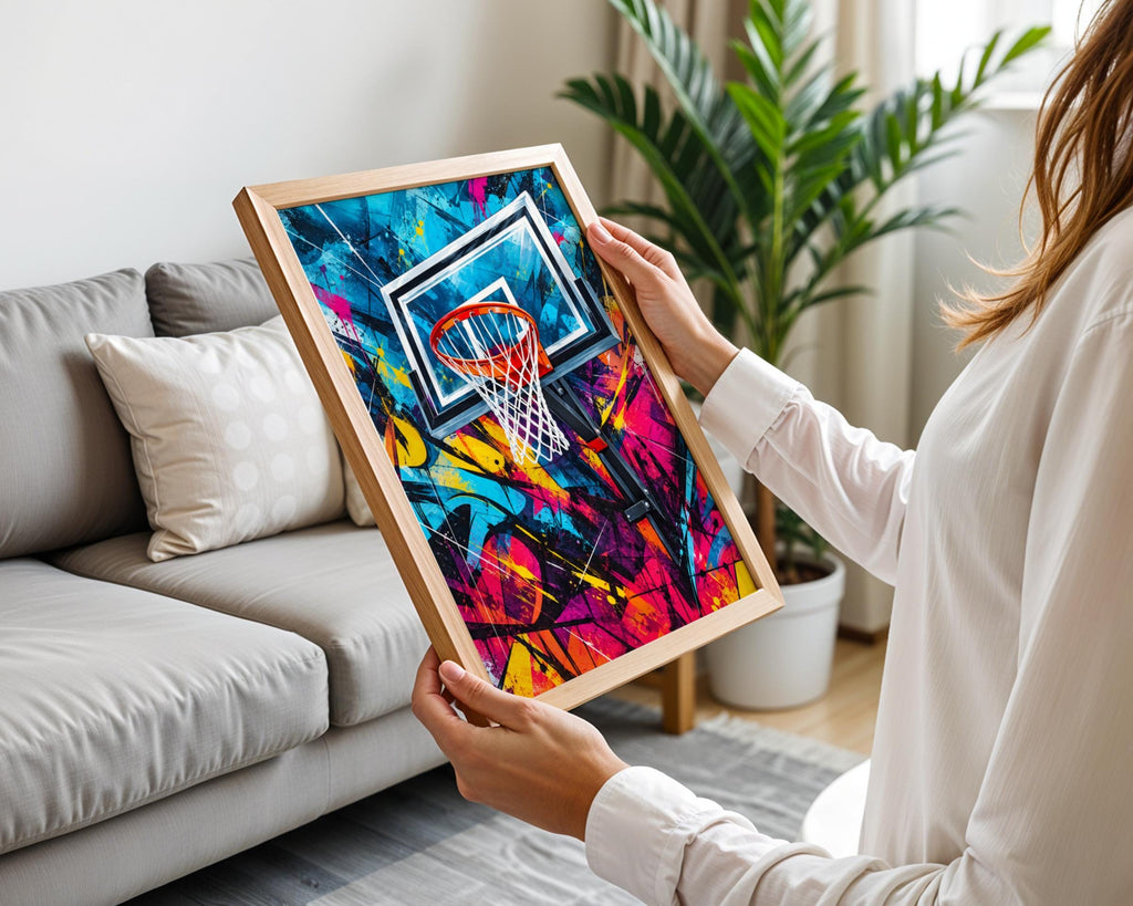 Basketball Hoop Graffiti Poster, Colourful Street Art Print, Urban Sports Wall Art, Teen Bedroom
