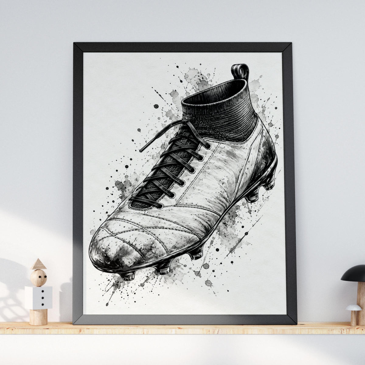 Football Boot Wall Art, Monochrome Ink Sketch Poster, Black and White Footballer Gift Print