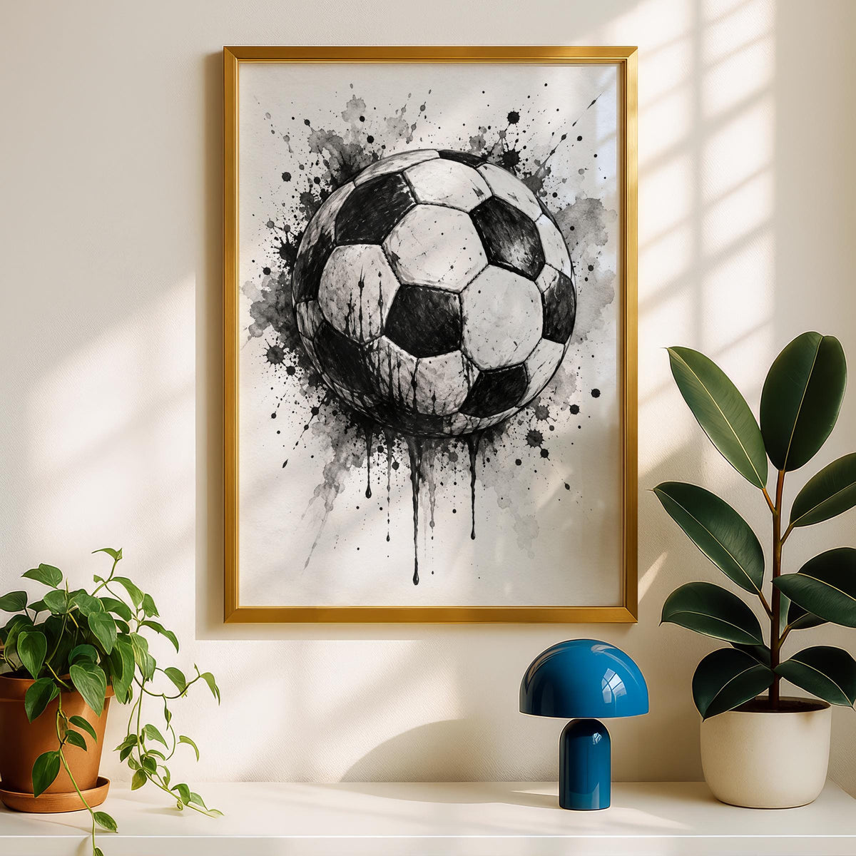 Football Wall Art, Black and White Ink Splash Poster, Soccer Ball Print, Boys Bedroom, Sports Fan