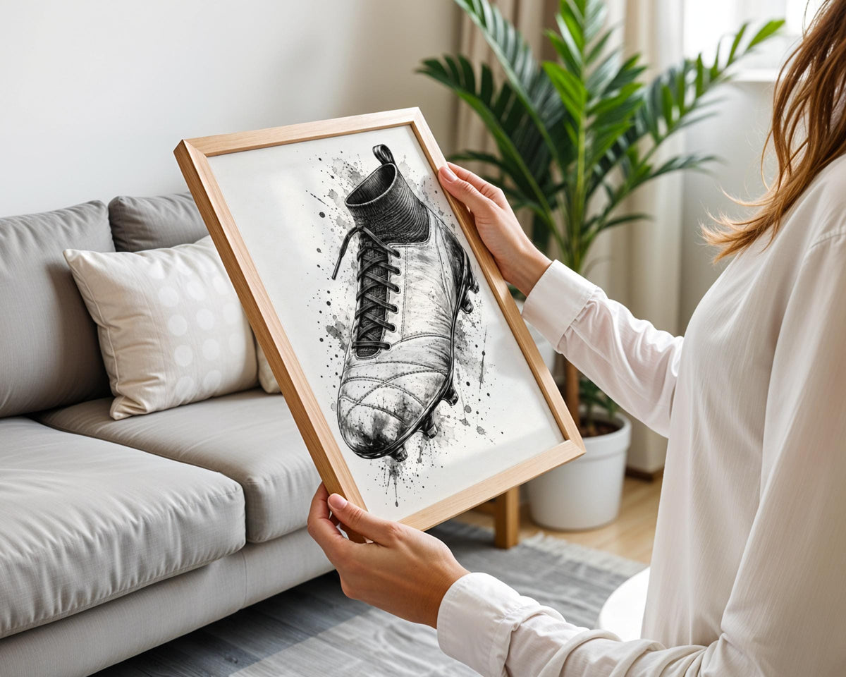 Football Boot Wall Art, Monochrome Ink Sketch Poster, Black and White Footballer Gift Print