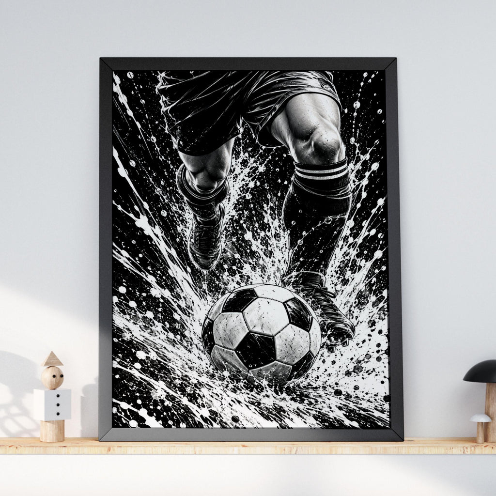 Football Poster, Black and White Soccer Wall Art, Footballer Action Print, Sports Bedroom Decor