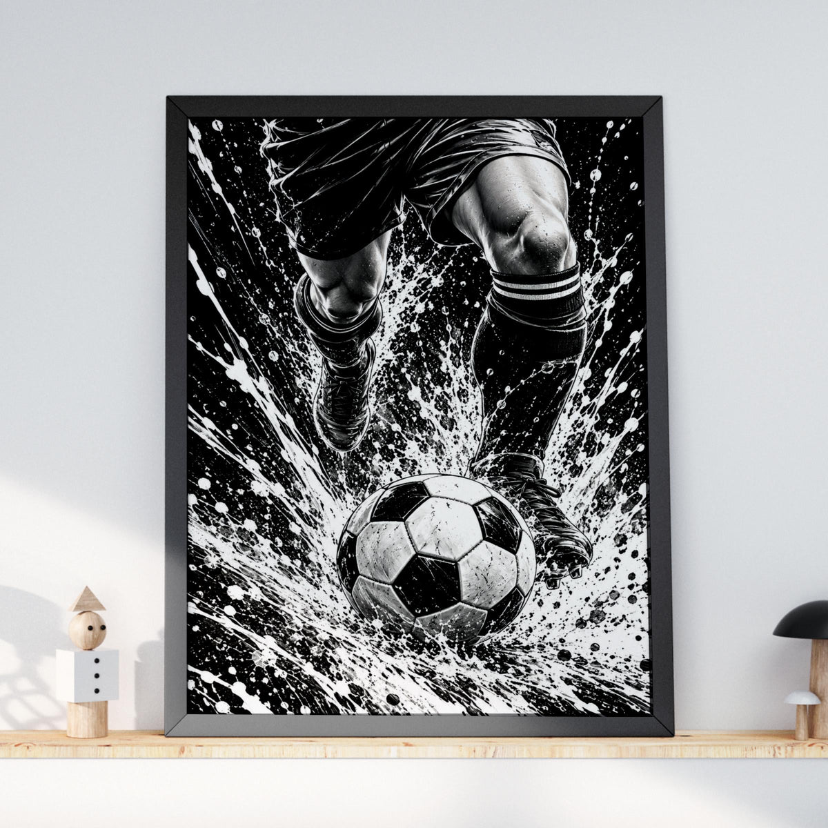 Football Poster, Black and White Soccer Wall Art, Footballer Action Print, Sports Bedroom Decor