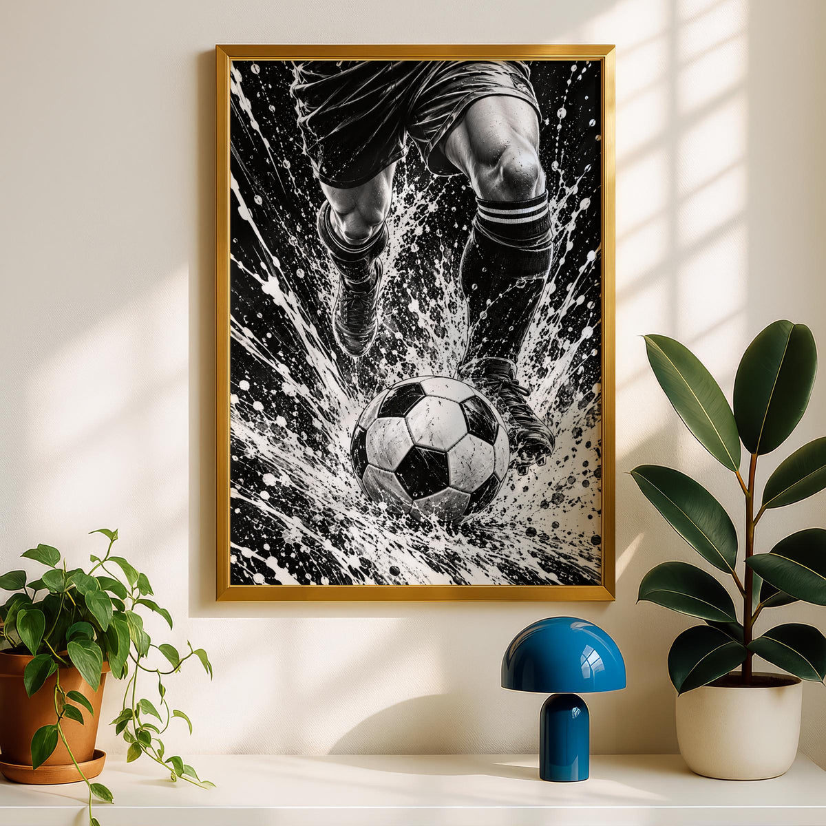 Football Poster, Black and White Soccer Wall Art, Footballer Action Print, Sports Bedroom Decor