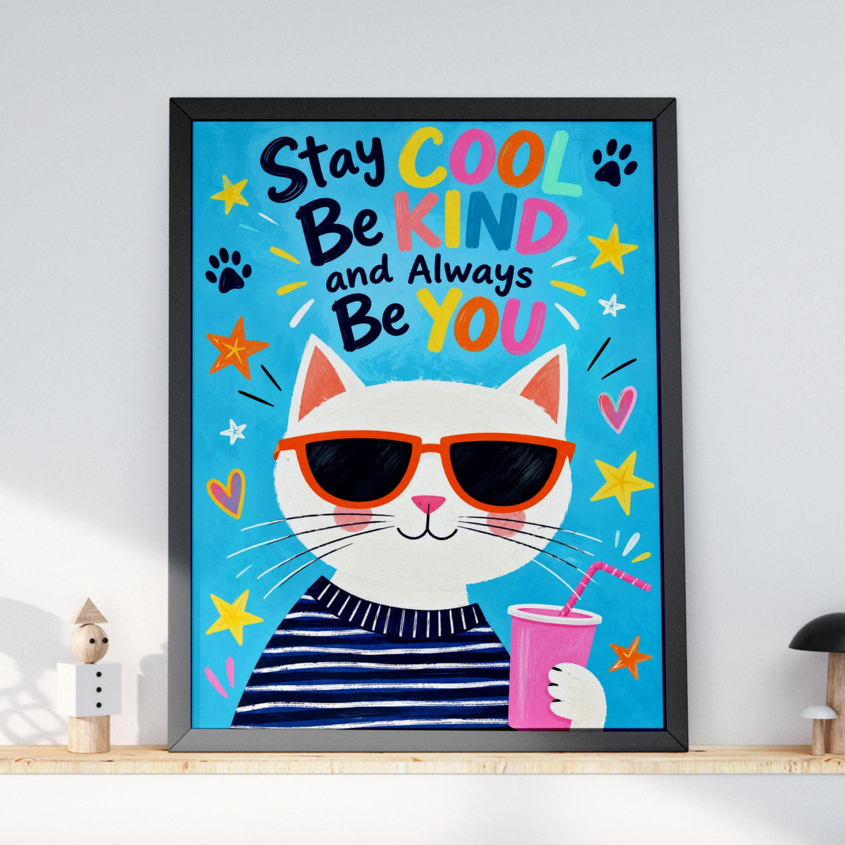 Cool Cat Poster, Stay Cool Be Kind Quote Print, Colourful Kids Room Wall Art, Cute Nursery Decor
