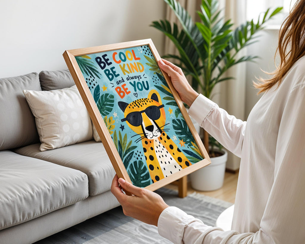 Cheetah Nursery Wall Art, Be Cool Be Kind Print, Kids Room Poster, Jungle Animal Quote