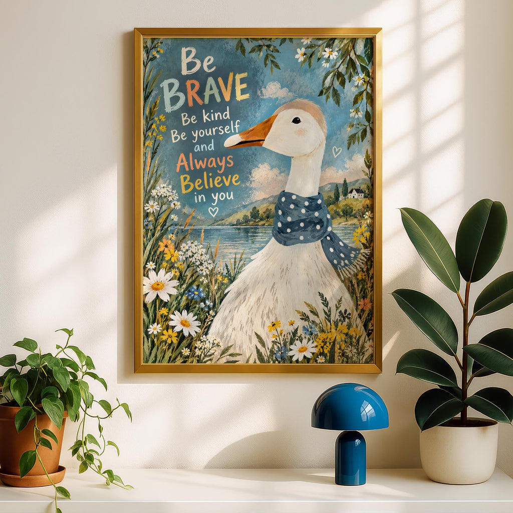 Brave Kind Goose Wall Art, Inspirational Quote Poster, Polka Dot Scarf, Wildflower Lake Nursery
