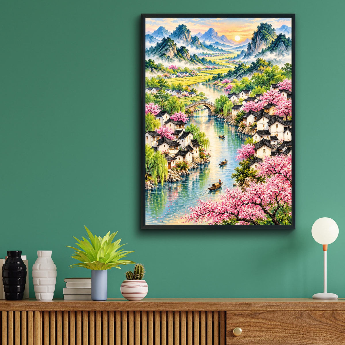 Chinese River Village Cherry Blossom Poster, Spring Landscape Wall Art, Watercolour Mountain Art