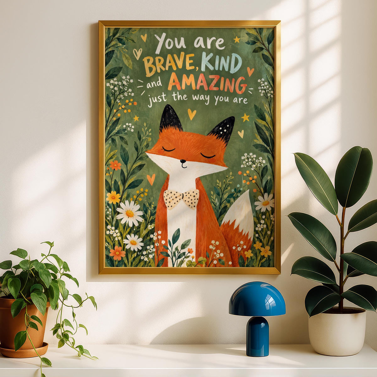 Fox Nursery Wall Art, Brave Kind Amazing Quote Print, Woodland Animal Poster, Kids Room Decor