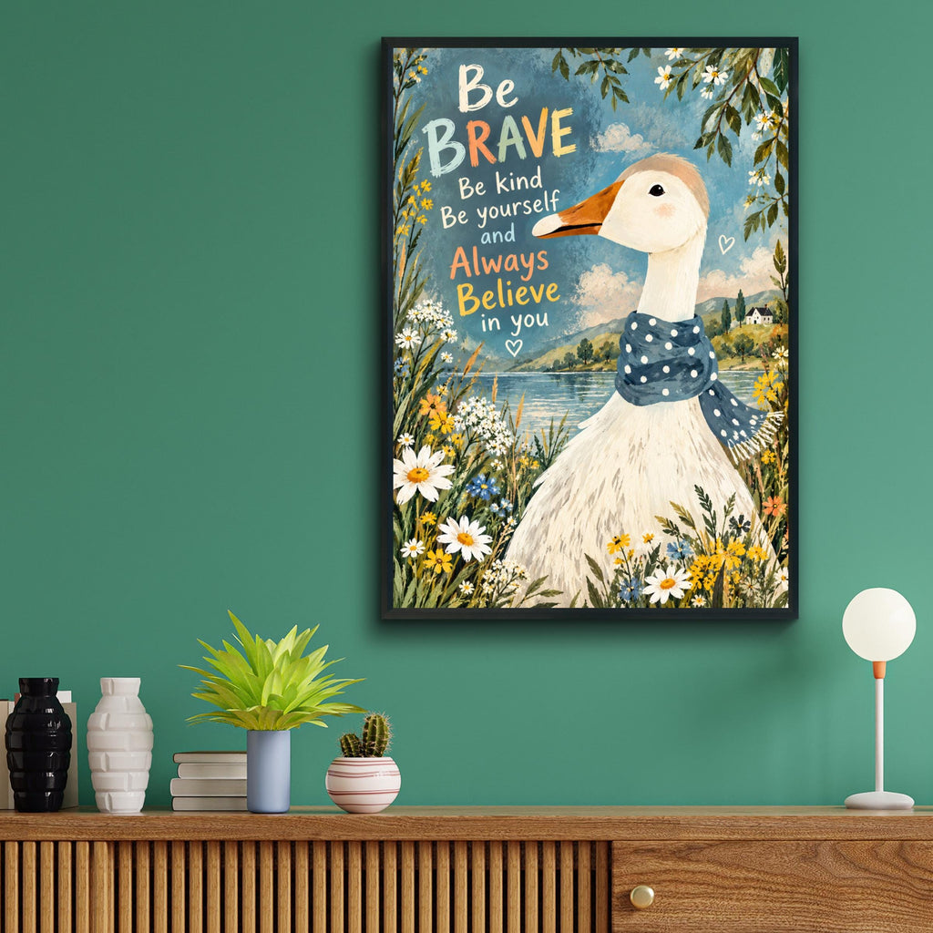 Brave Kind Goose Wall Art, Inspirational Quote Poster, Polka Dot Scarf, Wildflower Lake Nursery