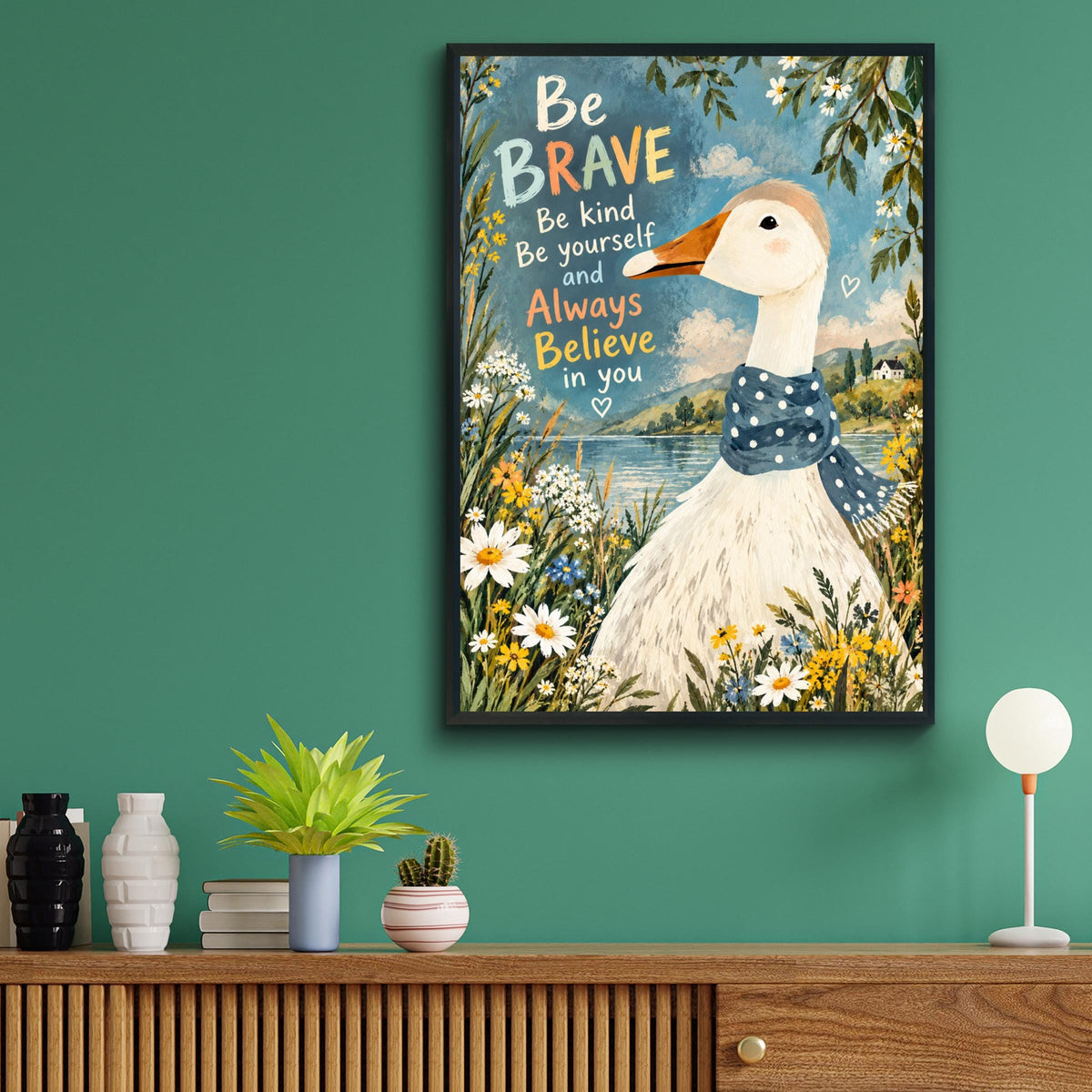Brave Kind Goose Wall Art, Inspirational Quote Poster, Polka Dot Scarf, Wildflower Lake Nursery