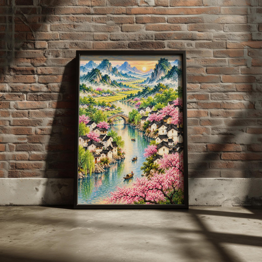 Chinese River Village Cherry Blossom Poster, Spring Landscape Wall Art, Watercolour Mountain Art