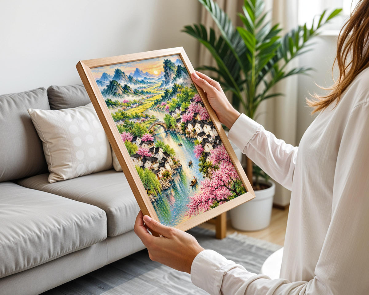 Chinese River Village Cherry Blossom Poster, Spring Landscape Wall Art, Watercolour Mountain Art