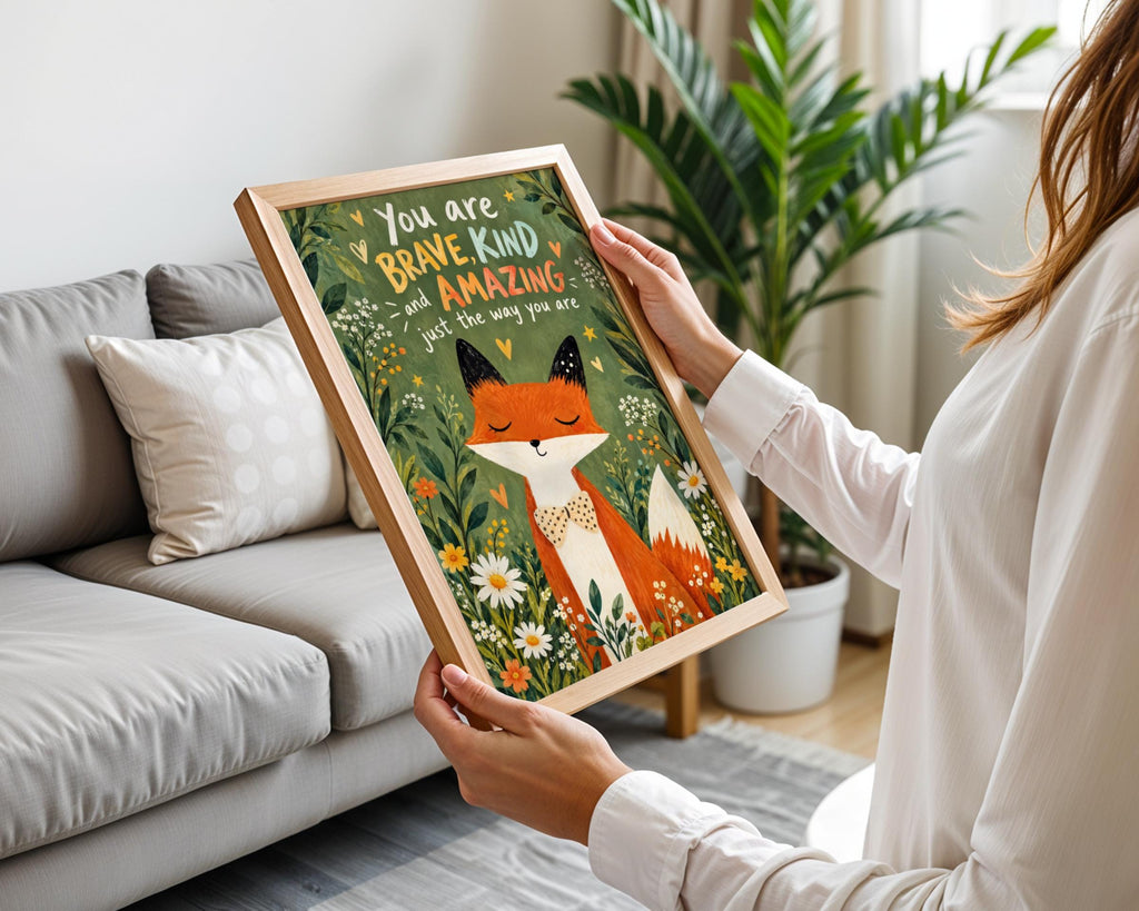 Fox Nursery Wall Art, Brave Kind Amazing Quote Print, Woodland Animal Poster, Kids Room Decor