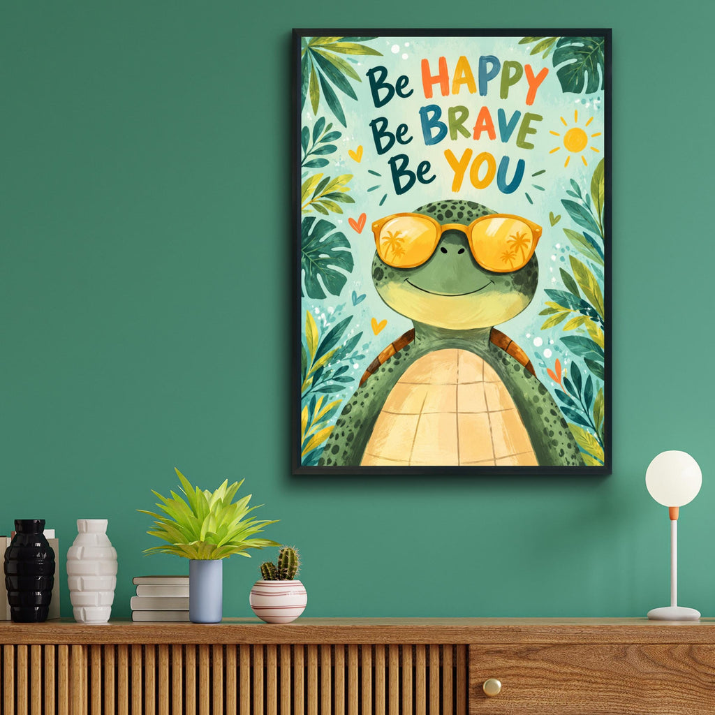 Be Happy Be Brave Be You Turtle Poster, Kids Nursery Wall Art, Sunglasses Sea Turtle, Tropical