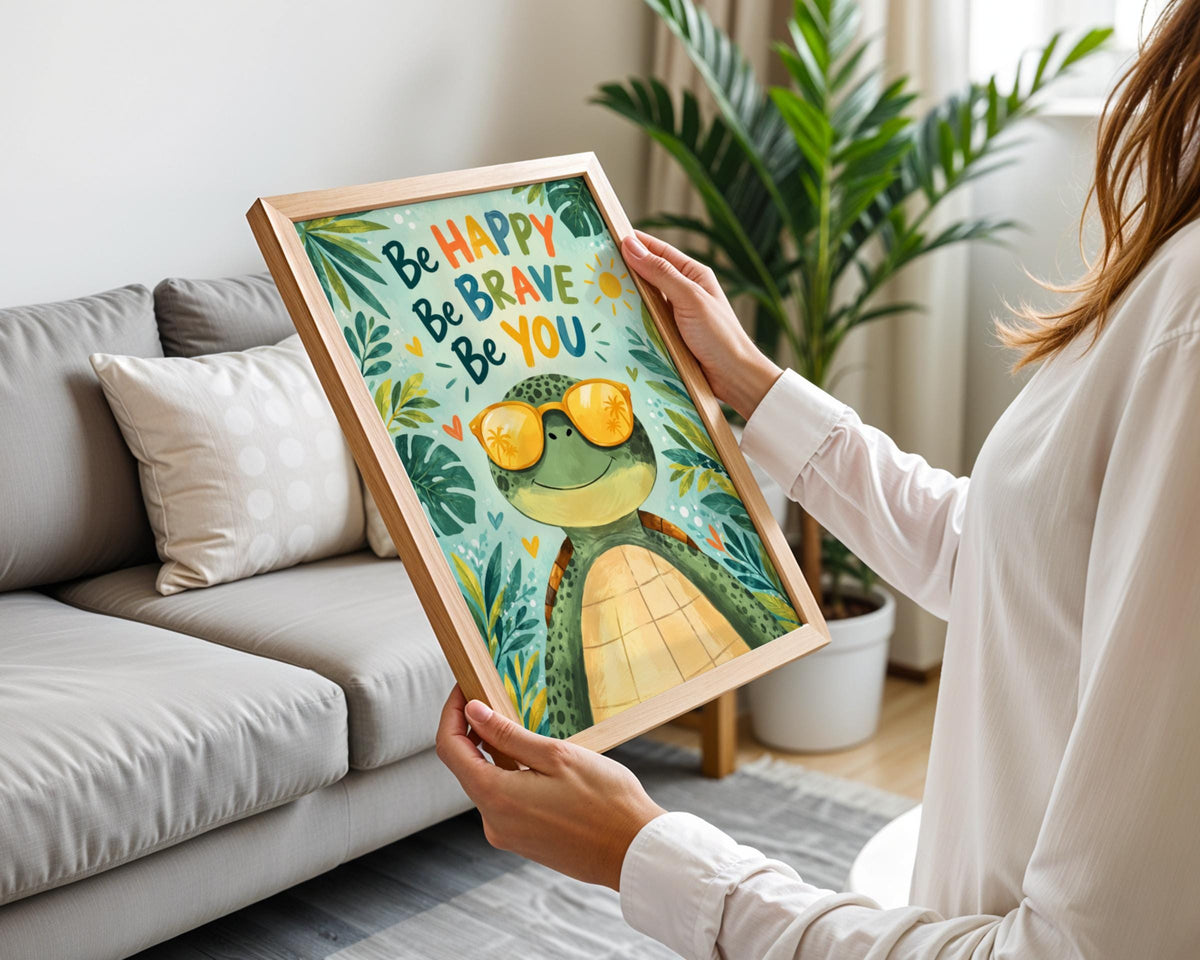 Be Happy Be Brave Be You Turtle Poster, Kids Nursery Wall Art, Sunglasses Sea Turtle, Tropical