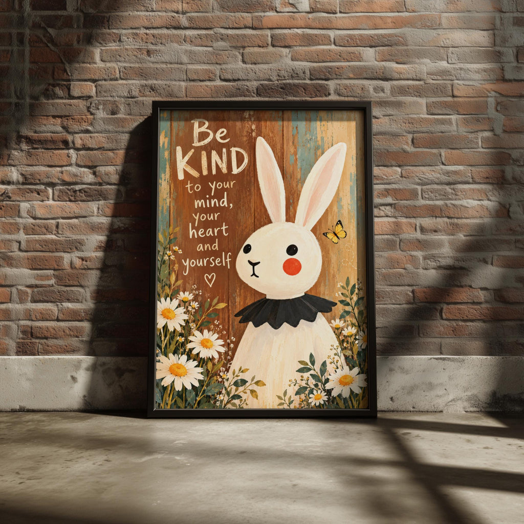 Be Kind Bunny Poster, Inspirational Quote Wall Art, Daisy Flowers, Rustic Wood, Nursery Decor Gift