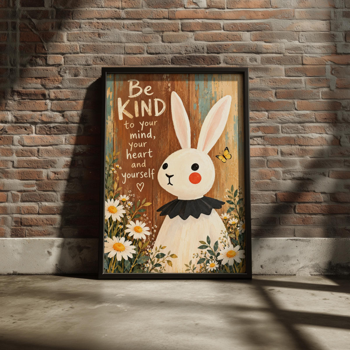 Be Kind Bunny Poster, Inspirational Quote Wall Art, Daisy Flowers, Rustic Wood, Nursery Decor Gift