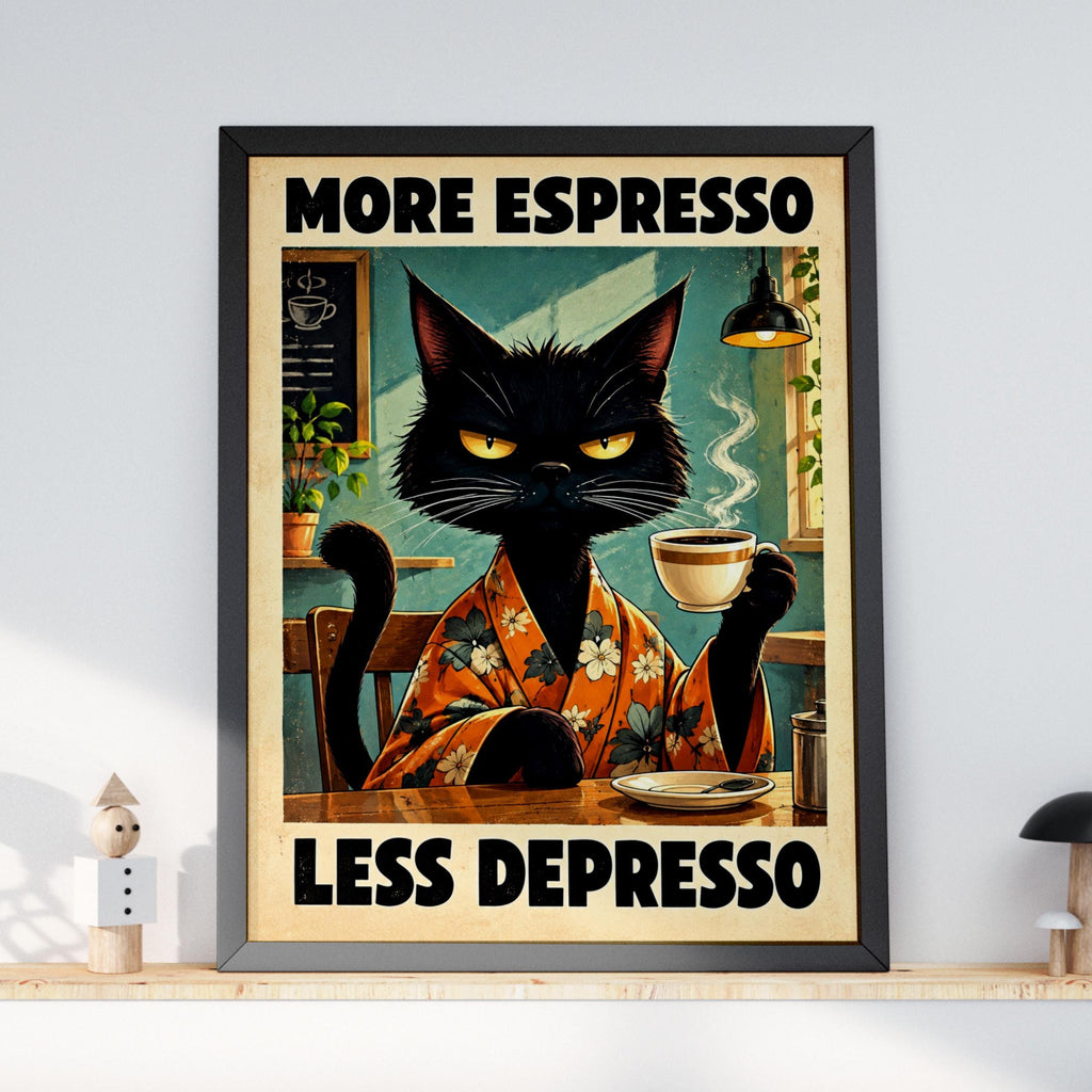 Grumpy Black Cat Coffee Poster, Funny Kitchen Wall Art, More Espresso Less Depresso Cafe Print