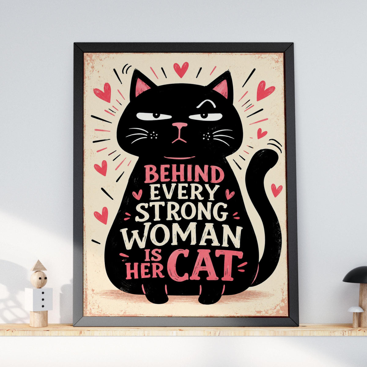 Funny Black Cat Quote Poster, Cat Lover Wall Art, Pink Hearts Typography Print, Grumpy Cat Gift