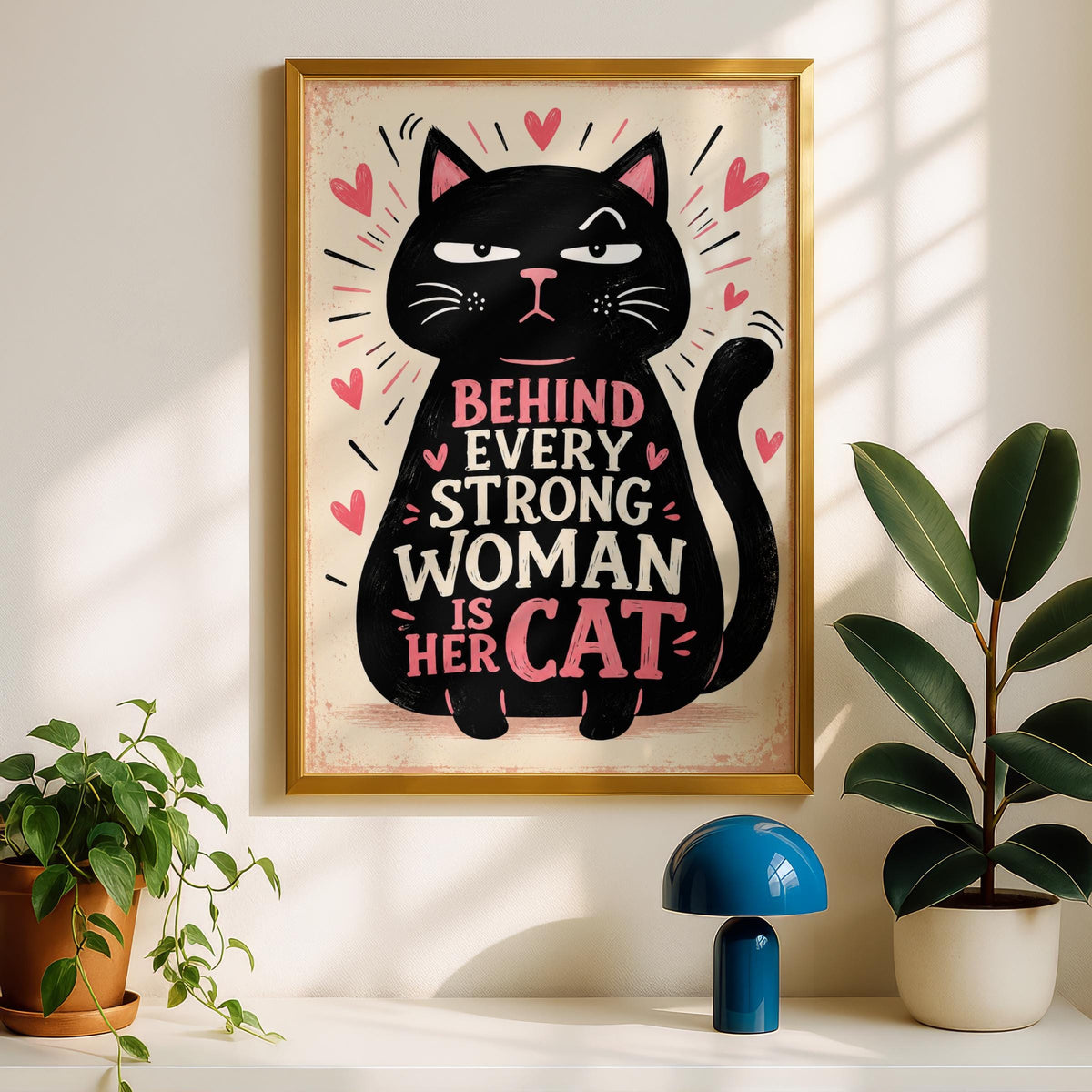 Funny Black Cat Quote Poster, Cat Lover Wall Art, Pink Hearts Typography Print, Grumpy Cat Gift