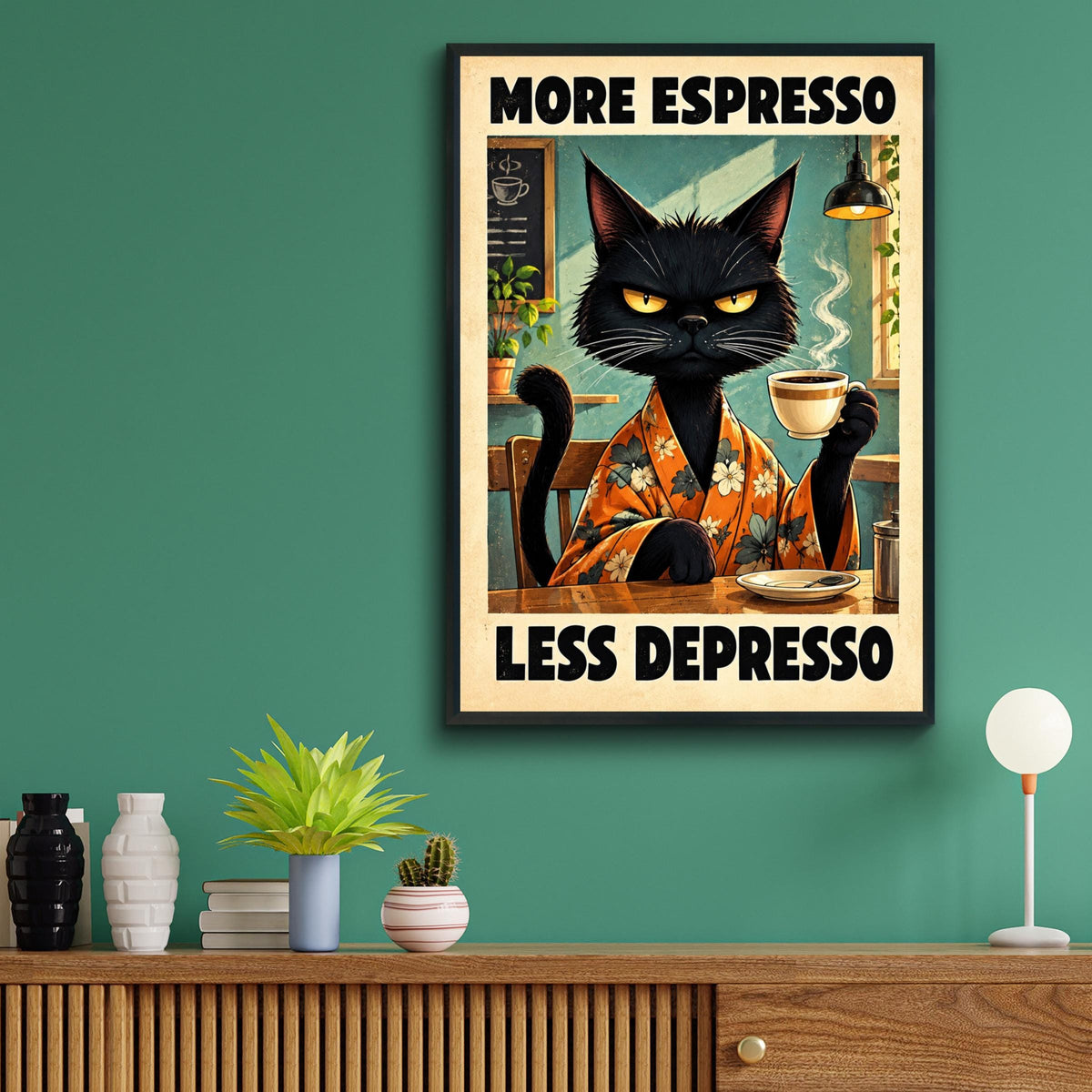 Grumpy Black Cat Coffee Poster, Funny Kitchen Wall Art, More Espresso Less Depresso Cafe Print