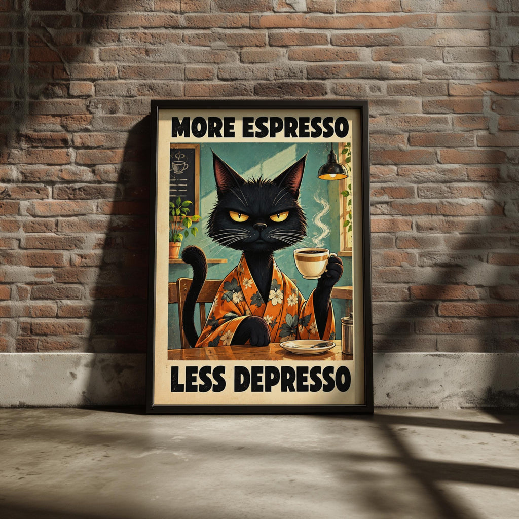 Grumpy Black Cat Coffee Poster, Funny Kitchen Wall Art, More Espresso Less Depresso Cafe Print