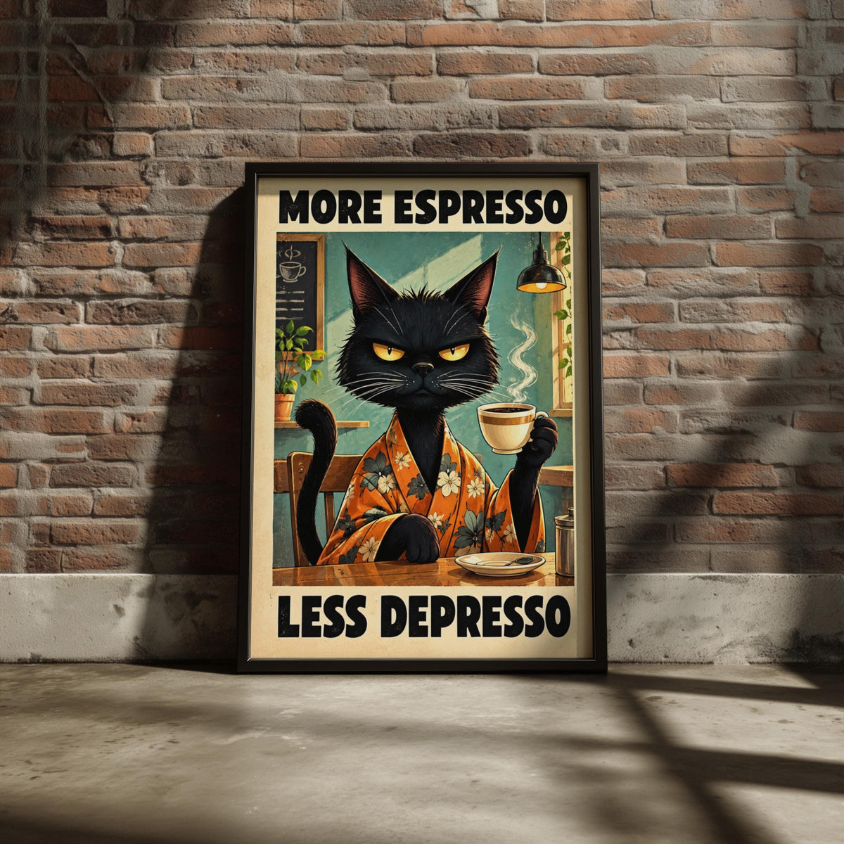 Grumpy Black Cat Coffee Poster, Funny Kitchen Wall Art, More Espresso Less Depresso Cafe Print