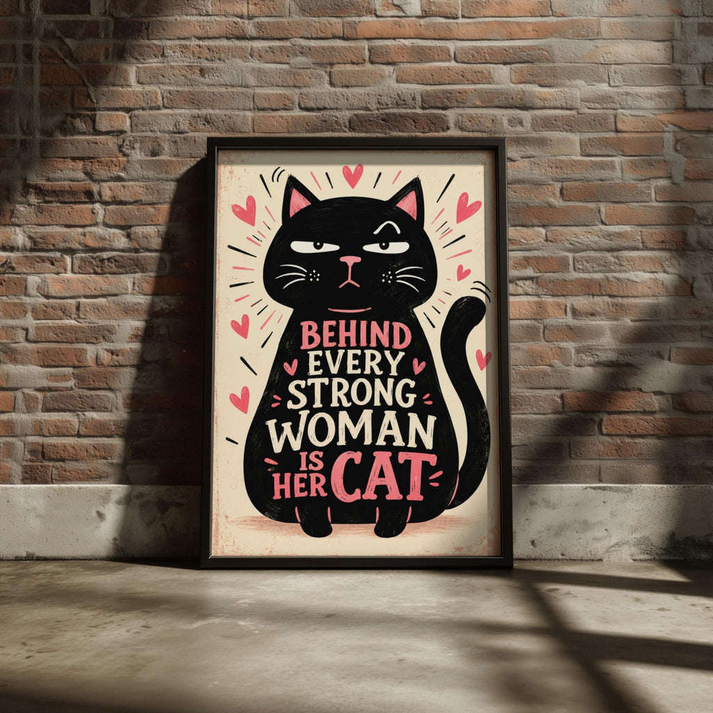 Funny Black Cat Quote Poster, Cat Lover Wall Art, Pink Hearts Typography Print, Grumpy Cat Gift