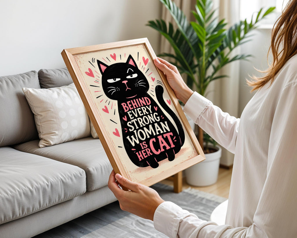 Funny Black Cat Quote Poster, Cat Lover Wall Art, Pink Hearts Typography Print, Grumpy Cat Gift
