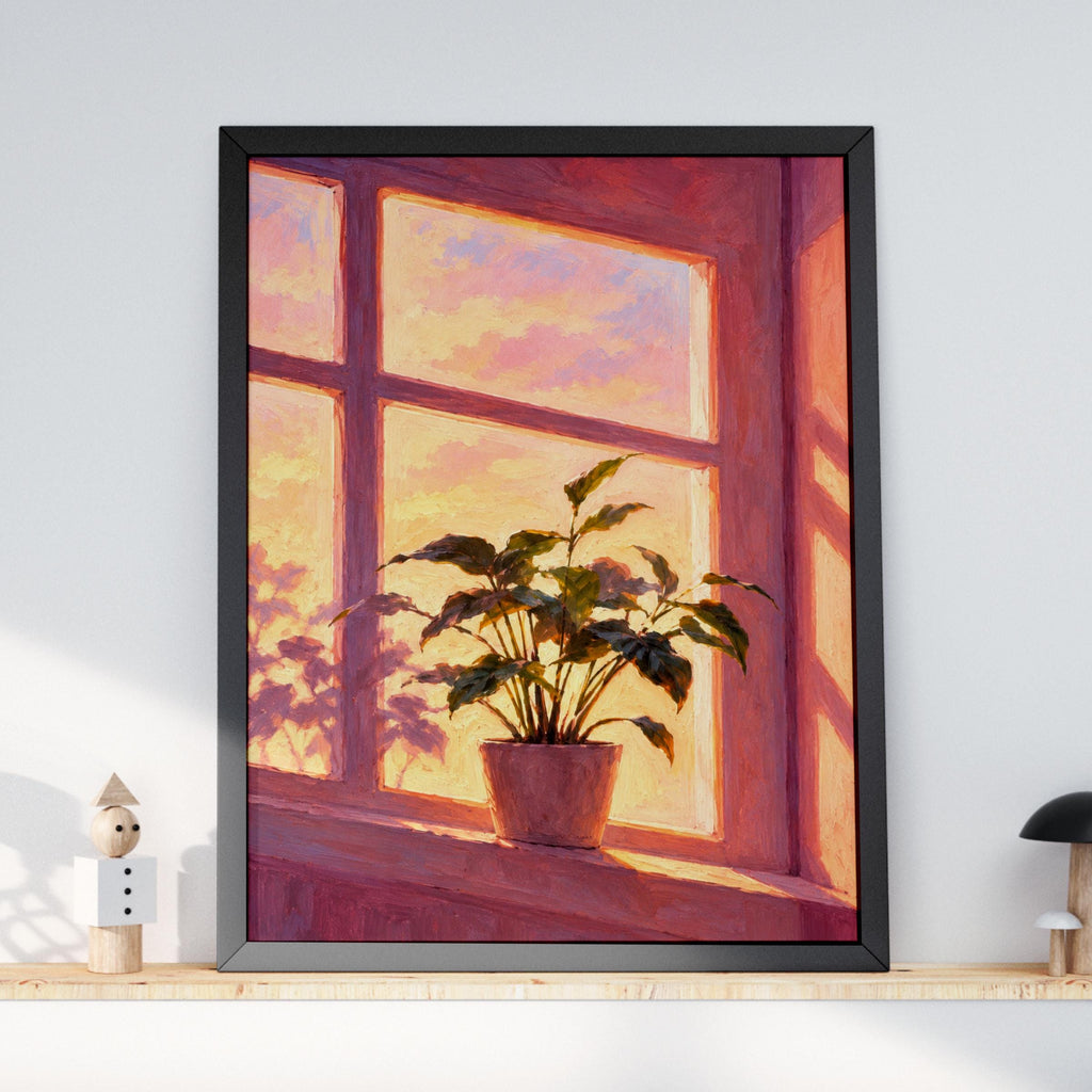 Sunset Window Houseplant Oil Painting Print, Pink Golden Hour Wall Art, Cosy Botanical Poster