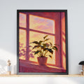 Sunset Window Houseplant Oil Painting Print, Pink Golden Hour Wall Art, Cosy Botanical Poster