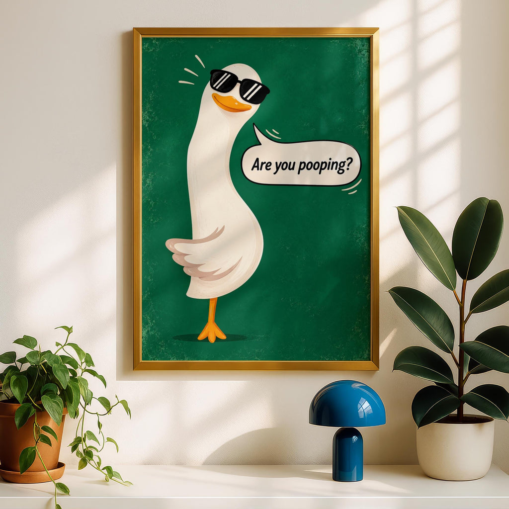 Funny Goose Wall Art, Are You Pooping Poster, Bathroom Humour Print, Quirky Green Toilet Decor