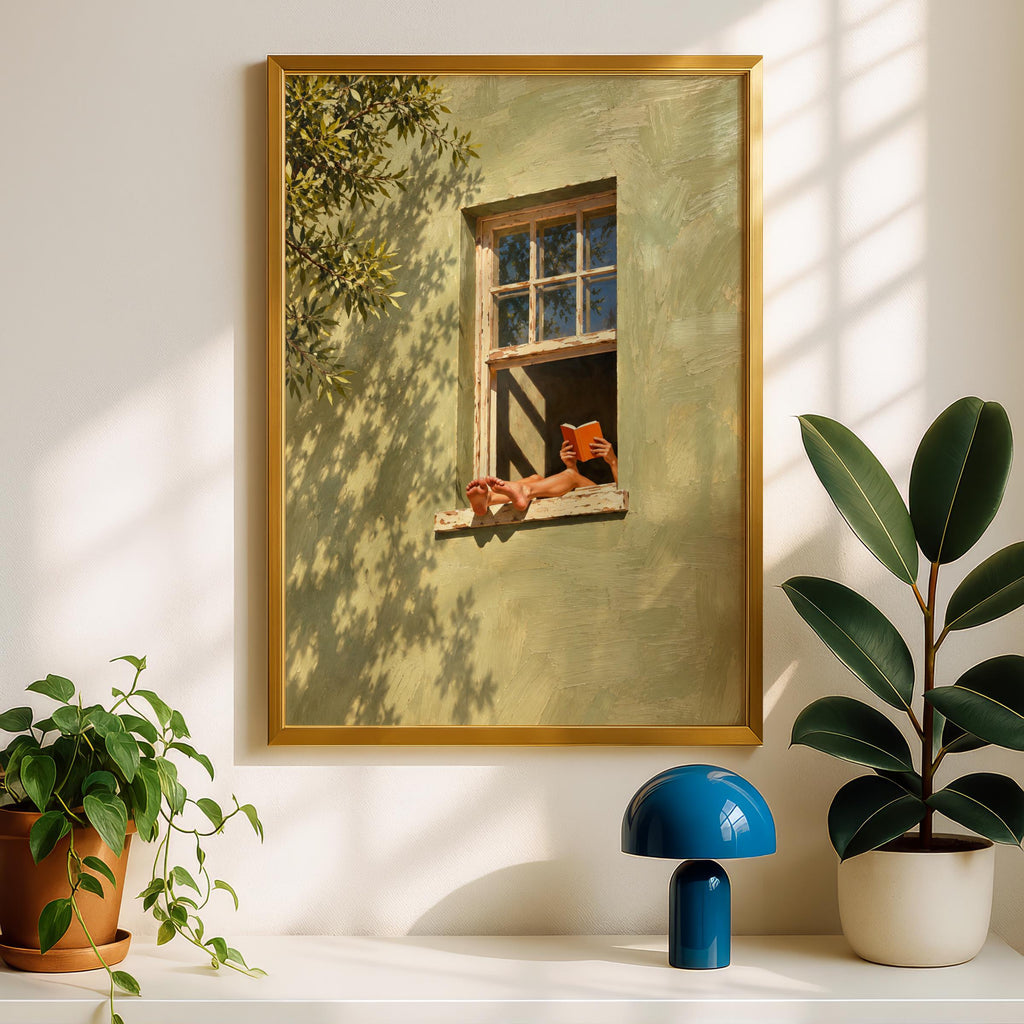 Sunlit Reading Window Oil Painting, Sage Green Wall Art, Cosy Book Lover Poster, Summer Wall Decor