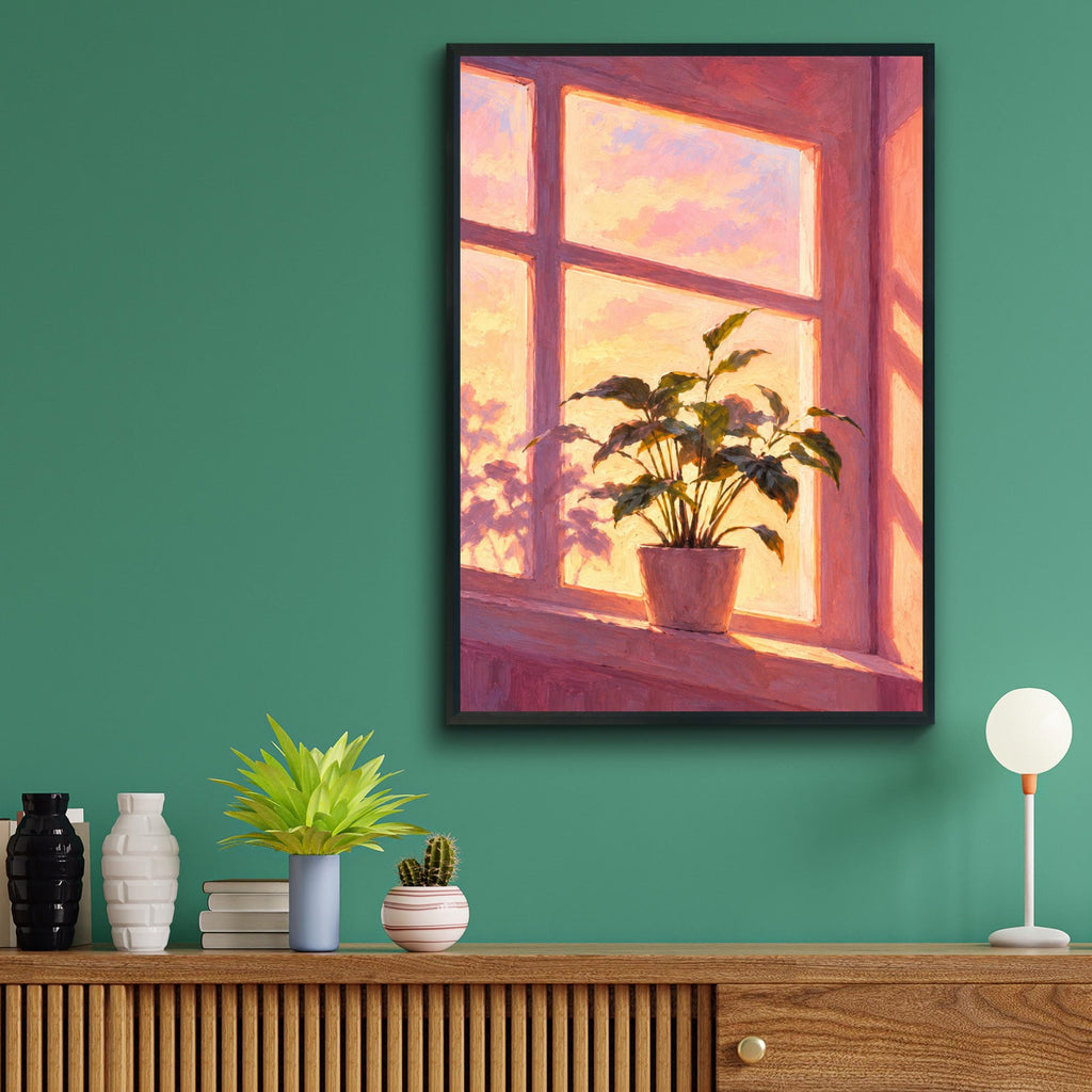 Sunset Window Houseplant Oil Painting Print, Pink Golden Hour Wall Art, Cosy Botanical Poster