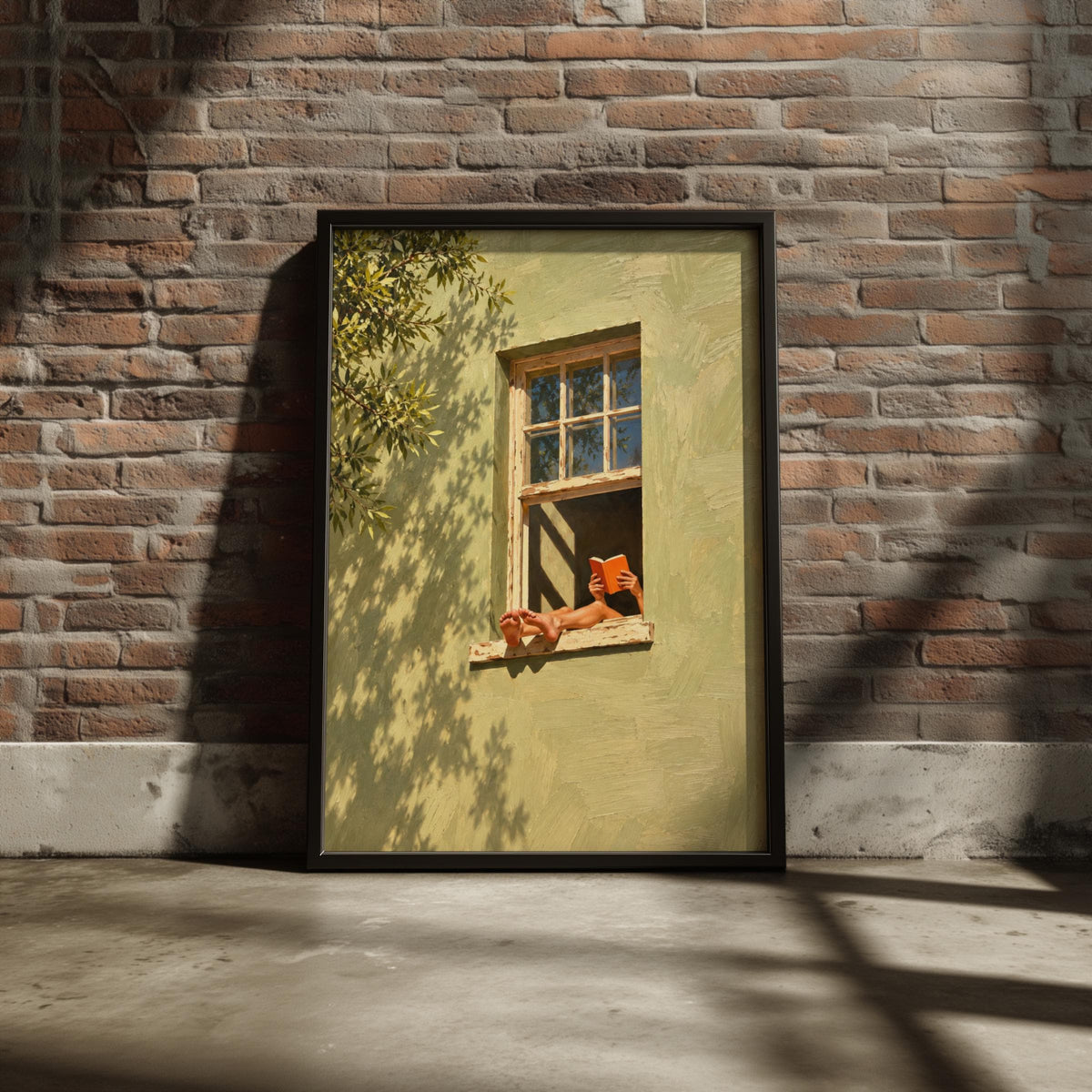 Sunlit Reading Window Oil Painting, Sage Green Wall Art, Cosy Book Lover Poster, Summer Wall Decor