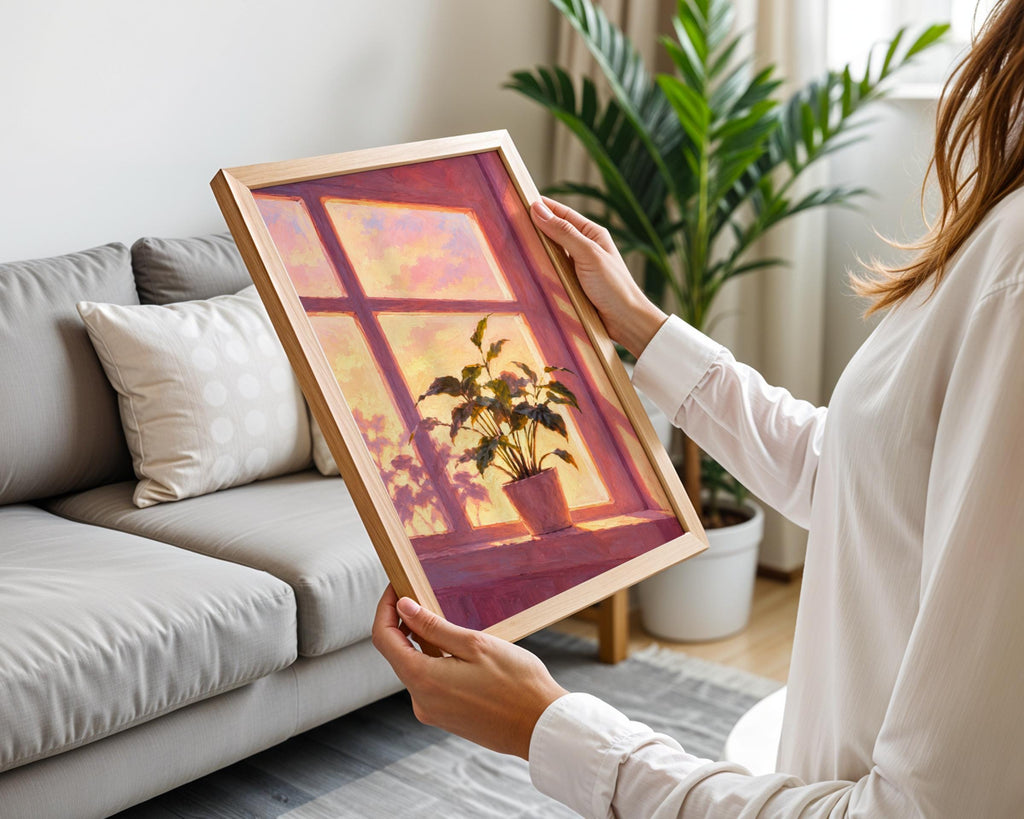 Sunset Window Houseplant Oil Painting Print, Pink Golden Hour Wall Art, Cosy Botanical Poster