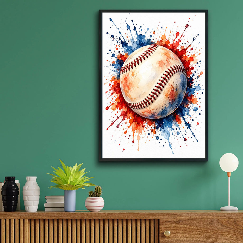 Baseball Watercolour Splash Print, Sports Wall Art Poster, Red Blue Boys Bedroom, Fan Gift Idea